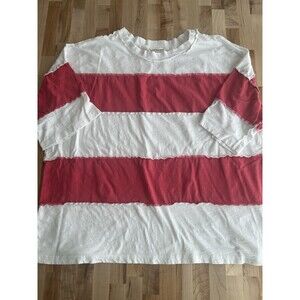 Charlotte Avery Women's Oversized Wide Striped Top Short Sleeve Pink White L